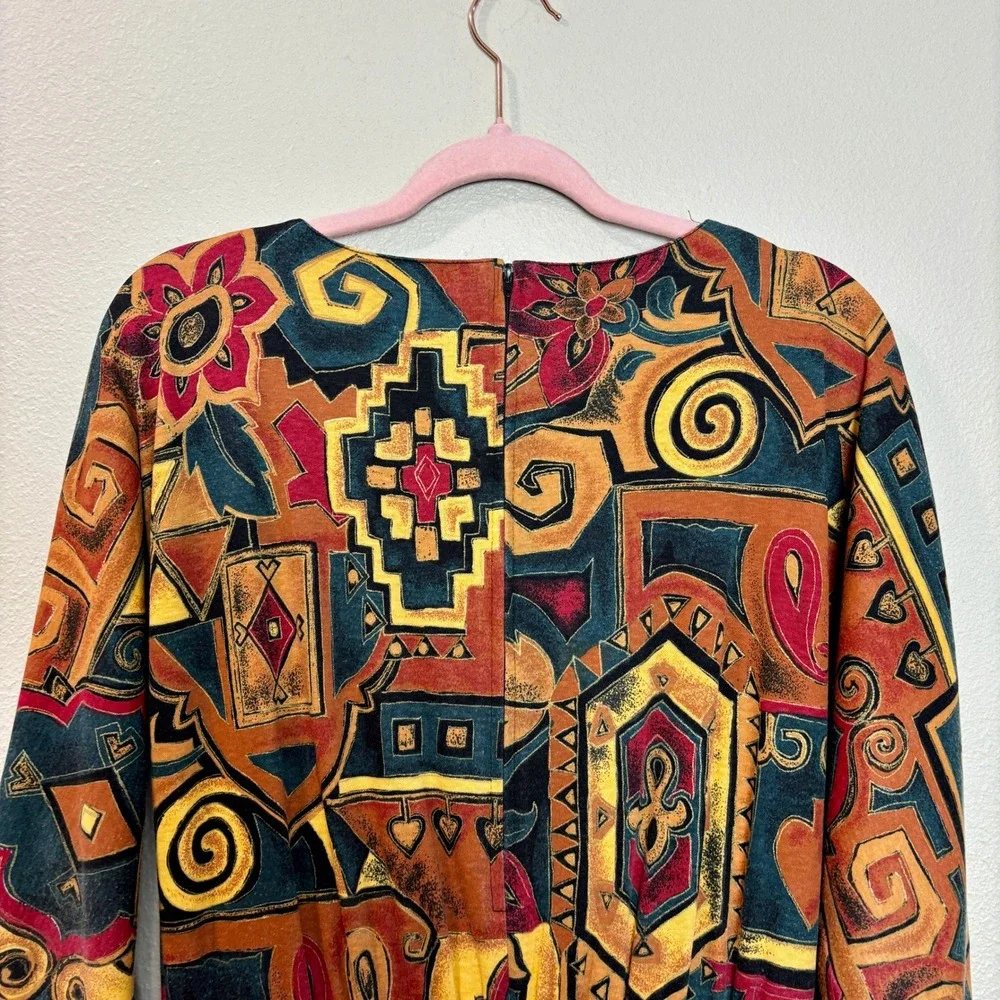 Sabino Vintage 80s‎ Midi Dress Abstract Print Belted Long Sleeve Size 6 Bohemian - Picture 9 of 16